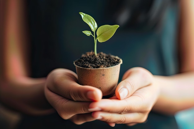 Photo of a person holding a small potted plant against a blurred green background