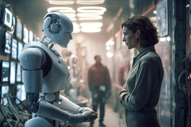 Photo of a person interacting with a humanoid robot in a futuristic setting Generative AI