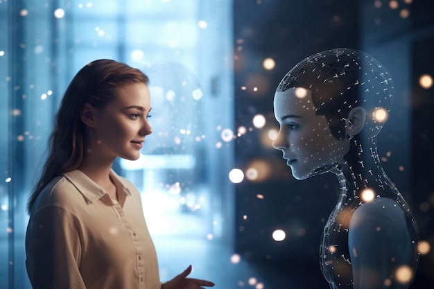 A photo of a person interacting with a virtual assistant powered by natural language processing and machine learning algorithms Generative AI