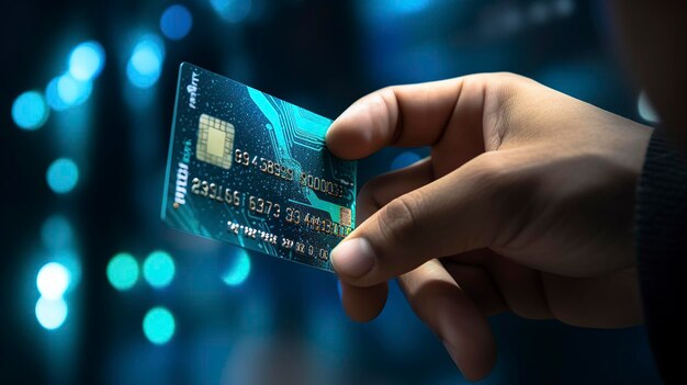 A photo of a person paying with a cryptocurrency debit card