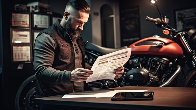 Photo a photo of a person reviewing a motorcycle insurance policy