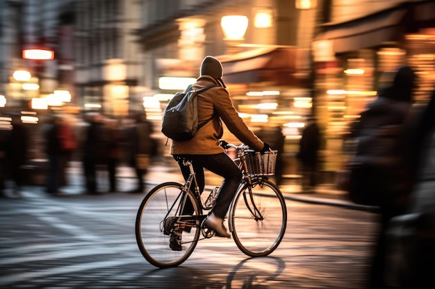 Photo of a person riding a bike in the city crowd under the lights at night in the city