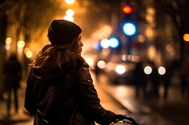 Foto foto di una persona che guida una bicicletta nella folla della città sotto le luci di notte in città