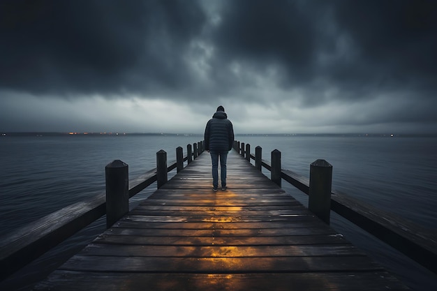 Photo of Person standing alone on a pier Storm