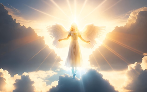 Photo of a person standing on a cloud with an angel in the sky