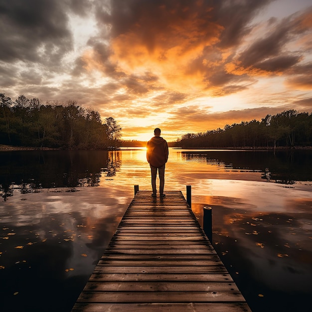 Photo photo of a person standing on a dock in front of a sunset a serene scene captured in nature