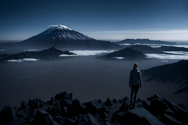 Photo of a person standing on the summit of a majestic mountain peak