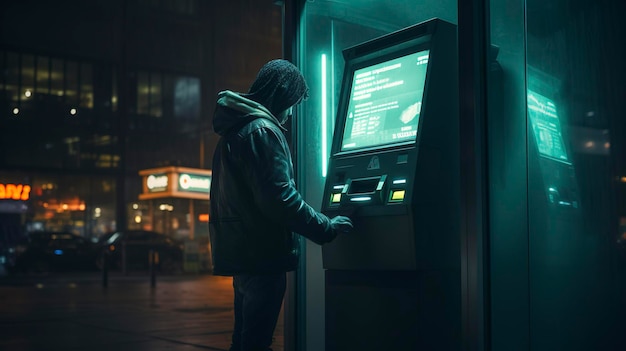 A photo of a person using an ATM at night