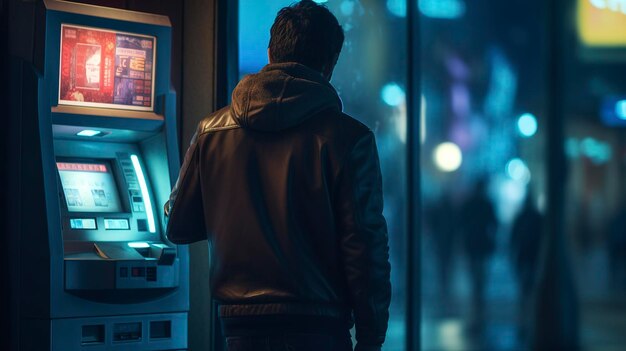 A photo of a person using an ATM at night