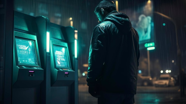 A photo of a person using an ATM at night