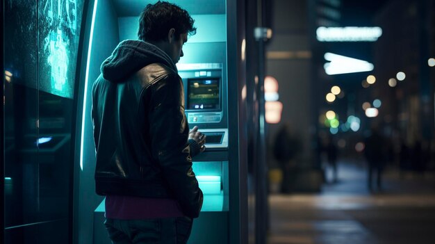 A photo of a person using an ATM at night