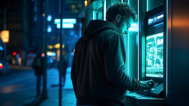 A photo of a person using an ATM at night