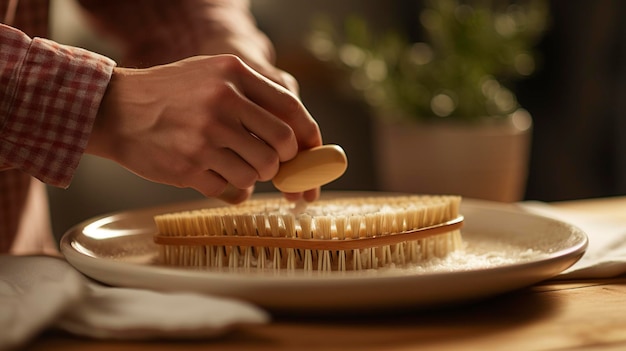 A photo of a person using a bamboo bristle scrub brush on dishes