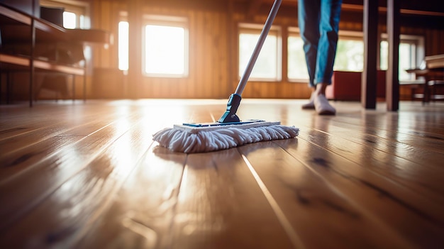 A photo of a person using a biodegradable mop on a wooden floor