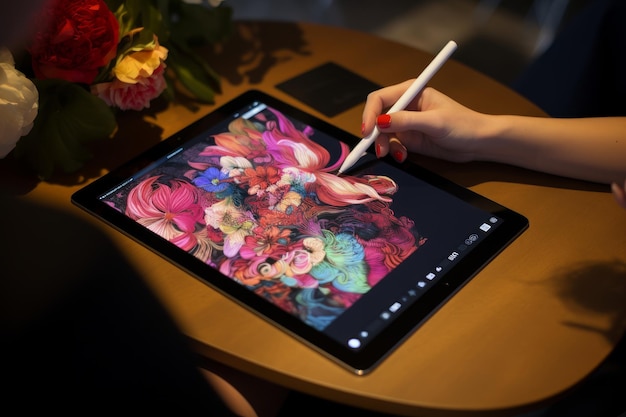 Photo photo of a person using a digital stylus on a tablet generative ai