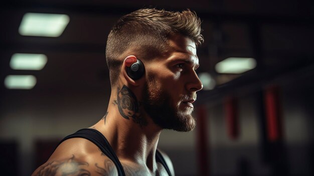 A photo of a person using wireless earbuds during a workout