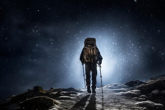 Foto foto di una persona con le scarpe da neve che fa trekking attraverso la neve