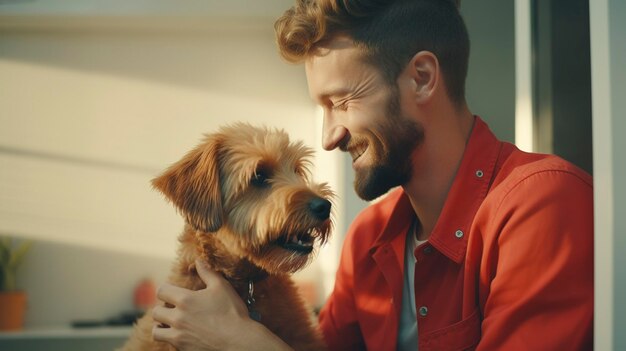 診療所にいる飼い主と愛犬の写真