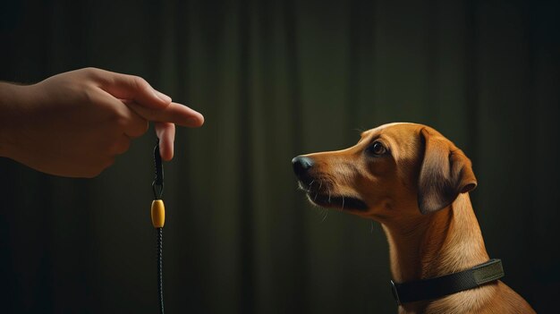 A photo of a pet trainer using a whistle for cues