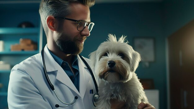 A photo of a pet with a veterinarian and a cheerful owner