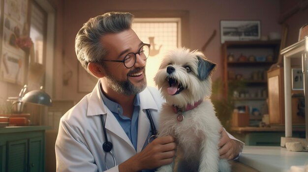 A photo of a pet with a veterinarian and a cheerful owner