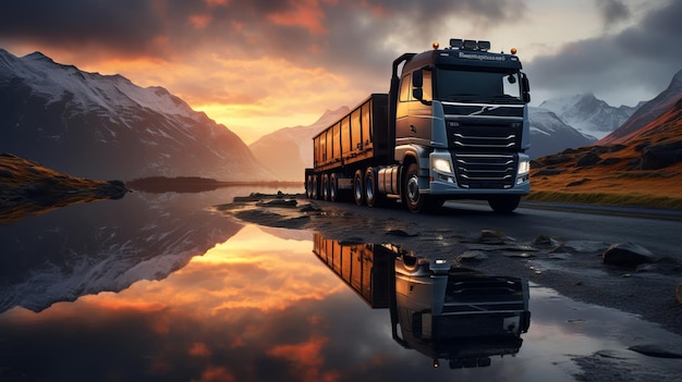 Photo pf a truck driving on a wet road