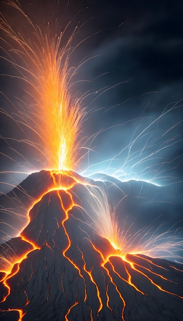 Foto foto del vulcano in eruzione vulcano sfondo di rocce e lava fusa calda