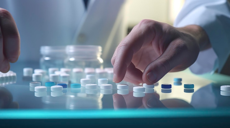 A photo of a pharmacists hands with a pill counter