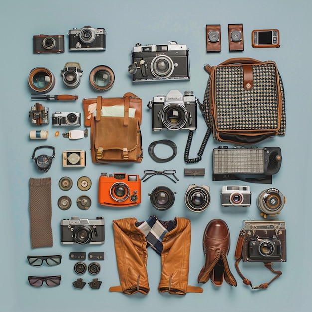 Photo photo of photographer vintage knolling flat lays retro photo top view color grading profession