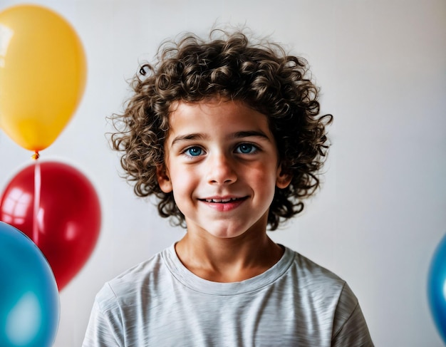 Photo photoshoot of kid with balloons on white background generative ai