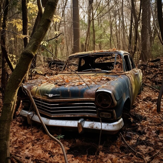 森の廃墟と放棄された車の写真