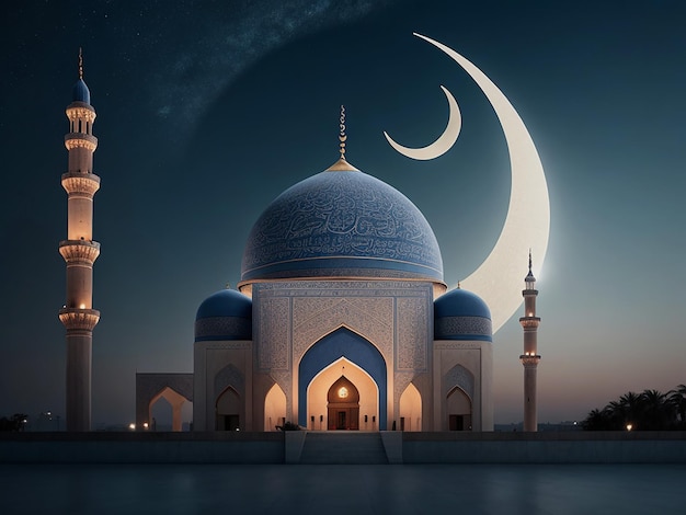 Photo a picture of a muslim mosque with a moon in the ramadan background generative ai