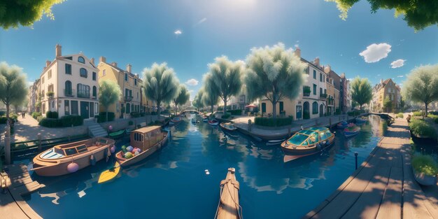 Photo of a picturesque canal with boats sailing through captured in a stunning digital painting