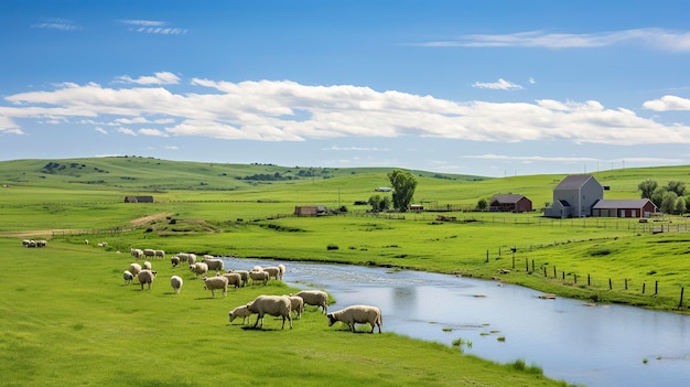 A Photo of a Picturesque Farm with Rolling Green Fields and Farm Animals