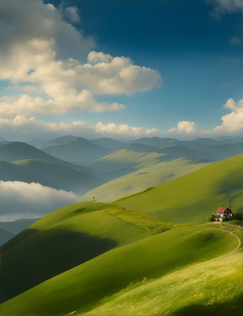 Photo of a picturesque house nestled on a lush green hill