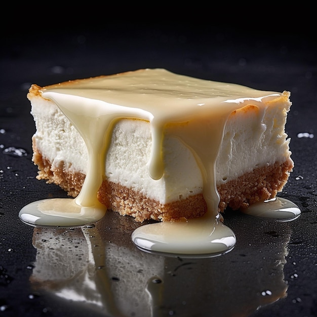 Photo a piece of cheesecake with cream on top of ai generated