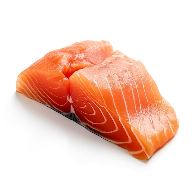 A photo of a piece of salmon from an angle on a white background