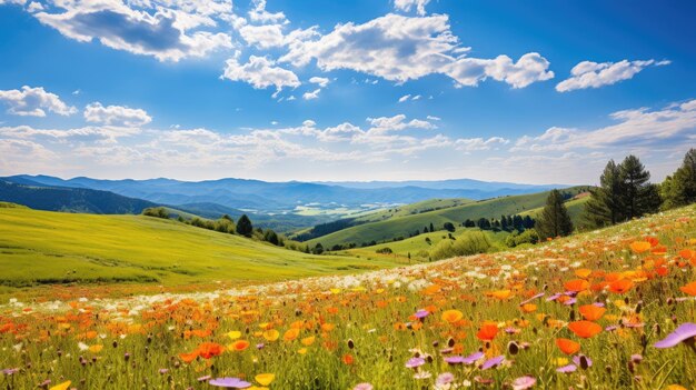 A photo of a piedmont terrain with a vibrant wildflower field bright sunlight