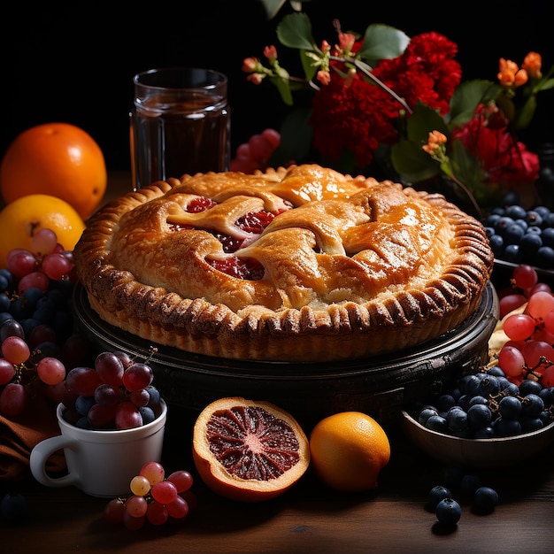 Photo of pies and some cutlery on a wooden table which is photographed from above