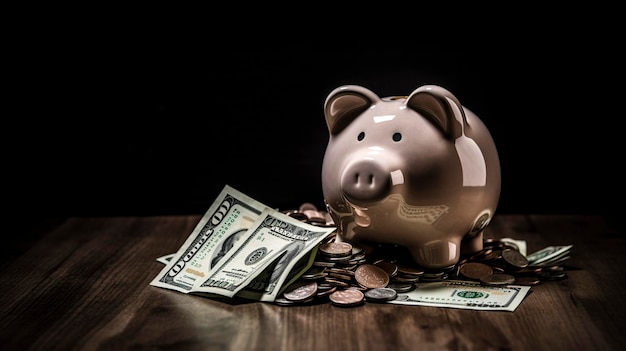 A Photo of a Piggy Bank with Coins and Dollar Bills