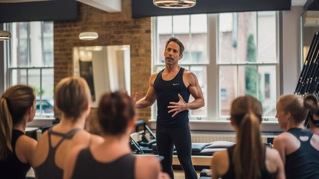 A Photo of a Pilates Instructor Guiding a Group Class