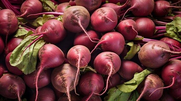 A photo of a pile of beets in a farmers market