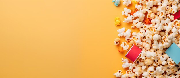 Photo of a pile of popcorn on a vibrant yellow background with plenty of copy space available