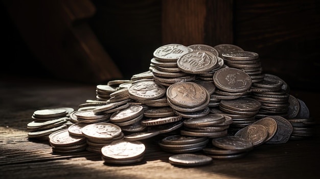 A photo of a pile of silver coins wooden table backdrop