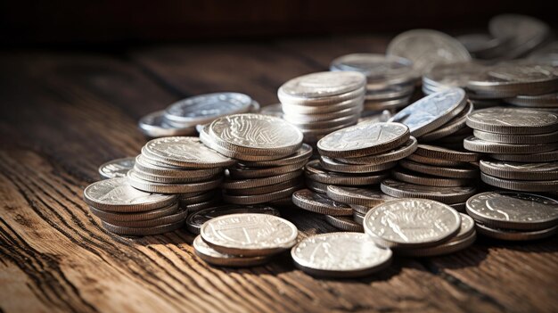 A photo of a pile of silver coins wooden table backdrop