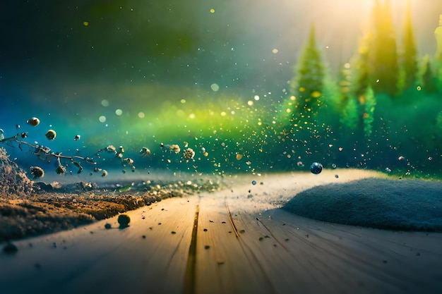 a photo of a pine tree and a road with a green background