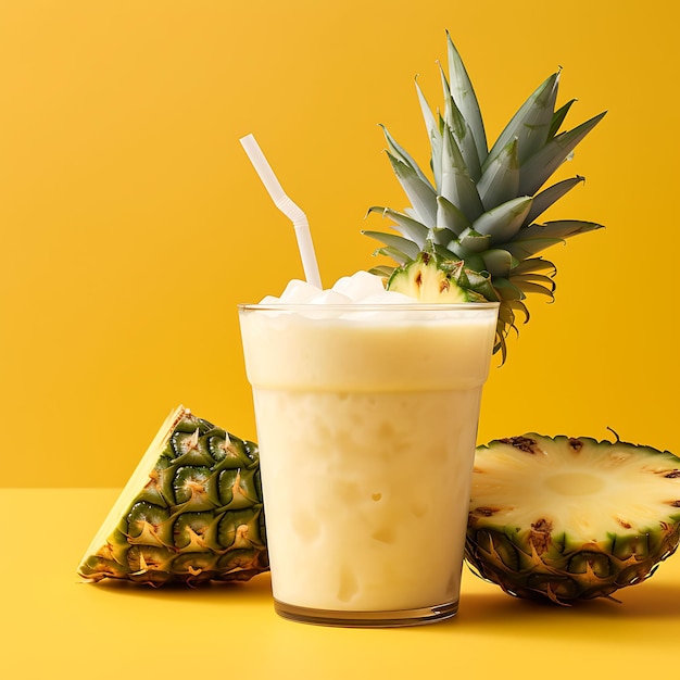 Photo of pineapple coconut smoothie blended pineapple and coconut mil front view clean bg