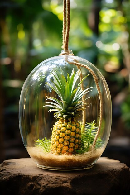 Photo of pineapple in a glass box sphere with rustic jute string hang decor scene beauty natural