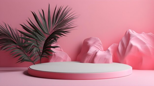 Photo of Pink background with geometric platform and pink leafy plant