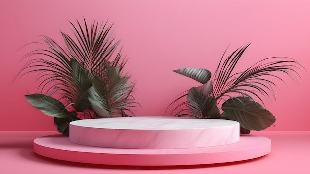 Photo of Pink background with geometric platform and pink leafy plant